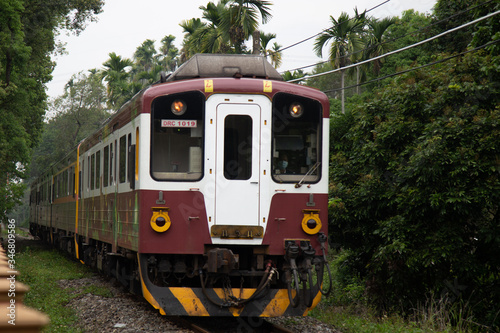 Nantou, Taiwan-4/25/2020: The diesel train on the Jiji line passes through a tunnel made of green trees.