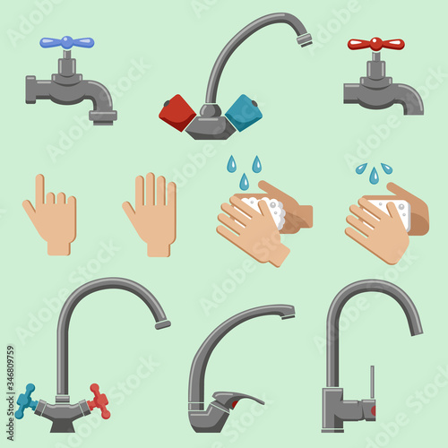 Wash your hands under the tap with sewage water. Vector graphics. Hand sanitizer. COVID-19 virus. Prevention of coronavirus.