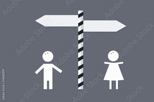 Paper man and woman separated by a border and two signs, concept for emigration and travel, closed borders, lack of free movement, covid, coronavirus, stayhome