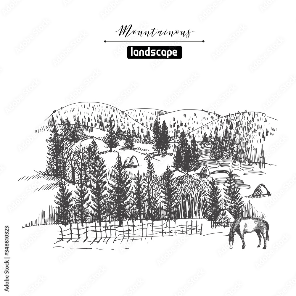 Idyllic mountain landscapes with horse. sketch vector illustration