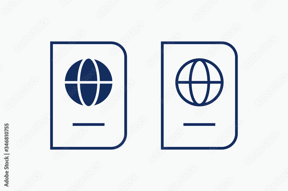 World passport with line vector minimalistic icon. Legal tourism pay vector symbol. Document cover icons set for web design. Travel concept flat icons for app design. Id emigration sign