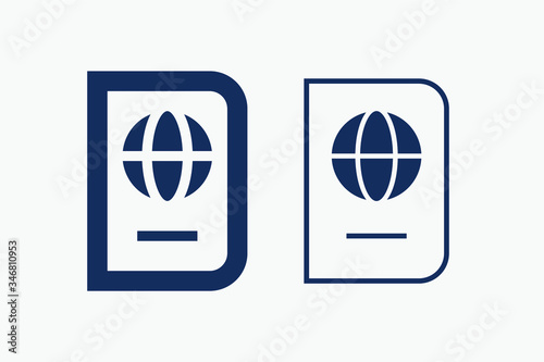 World passport with line vector minimalistic icon. Legal tourism pay vector symbol. Document cover icons set for web design. Travel concept flat icons for app design. Id emigration sign