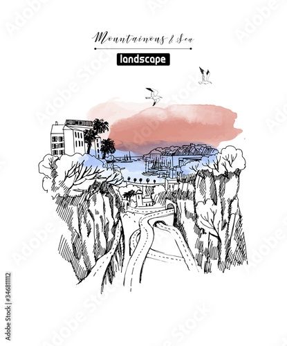 City landscape in the highlands by the ocean during sunset. Vector watercolor and sketch
