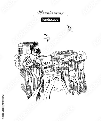 City landscape in the highlands by the ocean during sunset. sketch illustration
