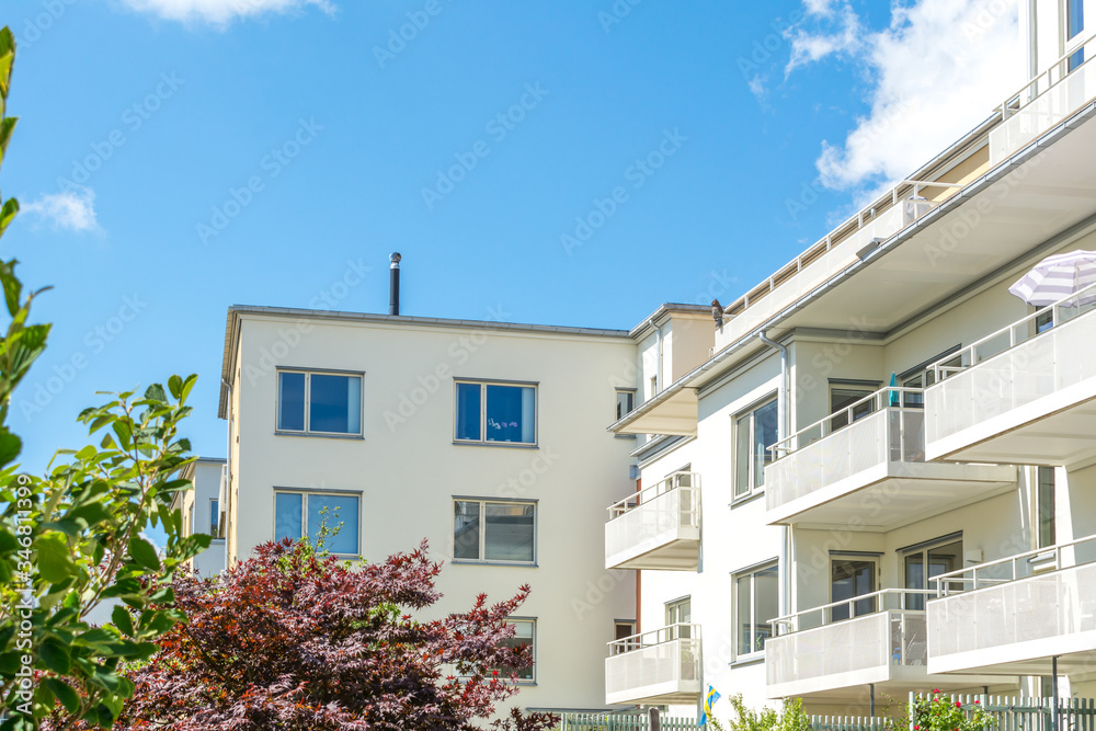 Modern Luxury Scandinavia Apartment Building Blue Sky Facade Home Residential Structure Modern Luxury Scandinavia Apartment Building Blue Sky Facade Home Residential Structure