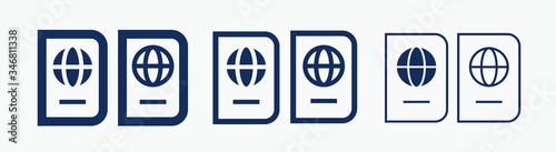 World passport with line vector minimalistic icon. Legal tourism pay vector symbol. Document cover icons set for web design. Travel concept flat icons for app design. Id emigration sign