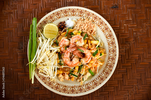 Thai Stir-fried rice noodles (Pad Thai) with shrimp and vegetables. One of the most famous food in Thailand. Thailand traditional dish.