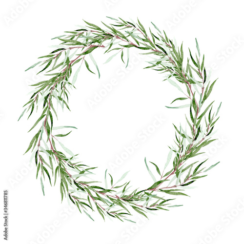 Watercolor green olive wreath. Round wreath with olive leaves
