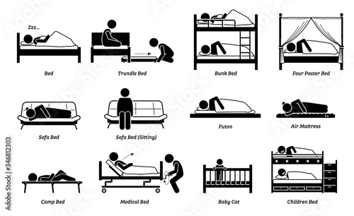 People sleeping on different type of bed. Vector illustration of person sleep on trundle, bunk, four poster, sofa, futon, air mattress and medical bed. Children sleeping on baby cot and double decker.