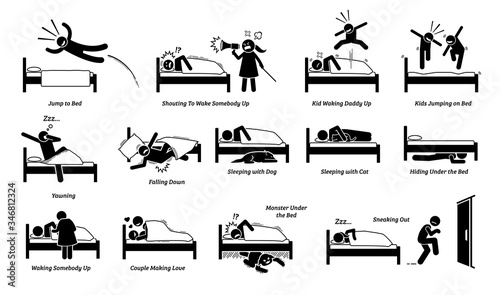 Vector illustrations of things that people do on bed. Cliparts depict man jumping onto the bed. Angry wife and noisy kids waking up a person. People sleeping with cat and dog. Monster hide under bed.