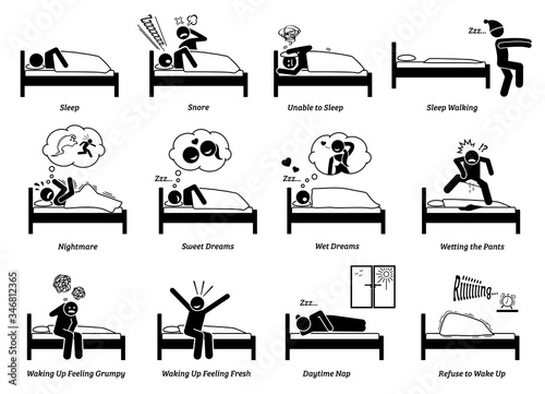 People sleeping, dreaming, and waking up from the bed. Vector illustrations of a person asleep, snoring, sleep walking, resting, napping, and waking up. The man has nightmare, sweet and wet dreams.