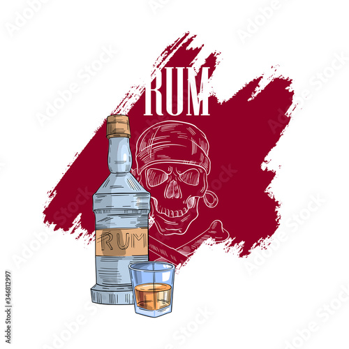 Aggressive vector stock illustration with red background, skull and rum bottle with glass. Isolated on white. Brutal logo for real pirates.