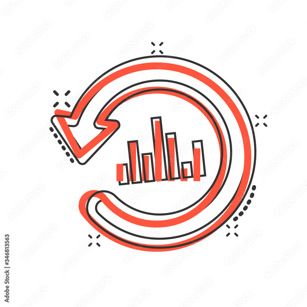 Growing bar graph icon in comic style. Increase arrow cartoon vector illustration on white isolated background. Infographic progress splash effect business concept. Growing bar graph icon in comic style. Increase arrow cartoon vector illustration on white isolated background. Infographic progress splash effect business concept.
