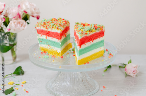 Rainbow Birthday cake with layer colorful on a cake stand
