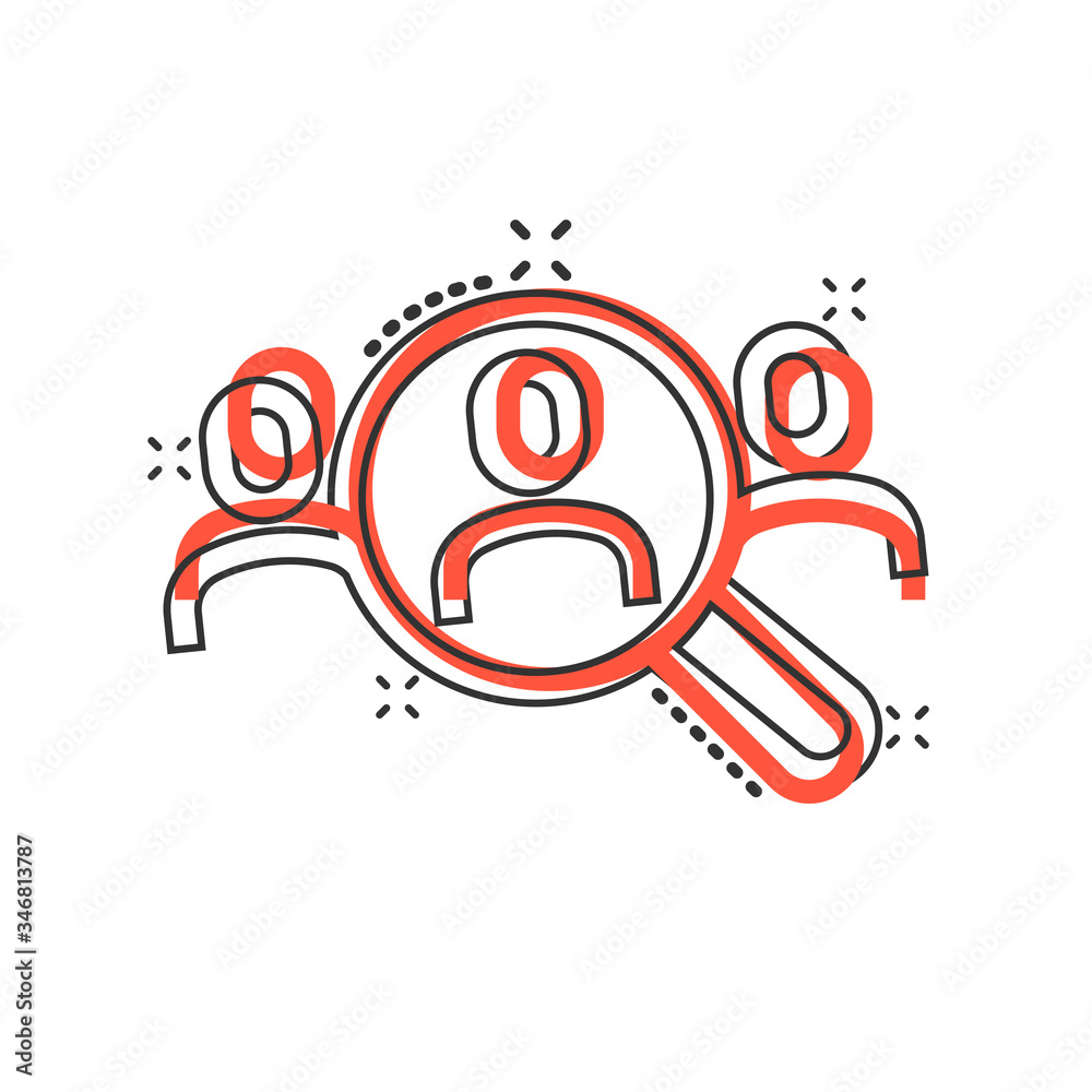 Search job vacancy icon in comic style. Loupe career cartoon vector illustration on white isolated background. Find people employer splash effect business concept.