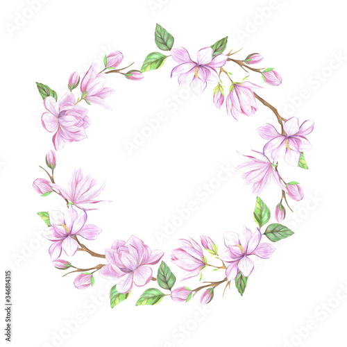 Wreath with pink magnolia flowers and leaves. Round wreath with Magnolia Flowers