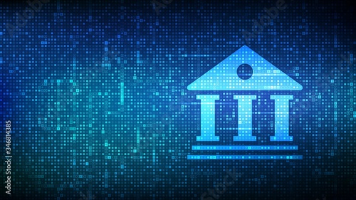 Banking service background. Bank building icon made with currency symbols. Dollar, euro, yen and pound icons. Background with currency signs. Bank financing, money exchange. Vector illustration.