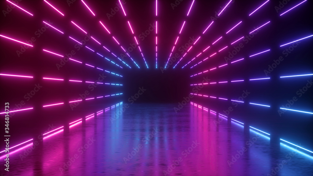 3d rendering, abstract neon background, empty tunnel with pink glowing ...
