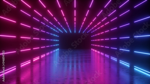 Fototapeta Naklejka Na Ścianę i Meble -  3d rendering, abstract neon background, empty tunnel with pink glowing lines, long corridor, road, performance stage with reflecting floor, ultraviolet light
