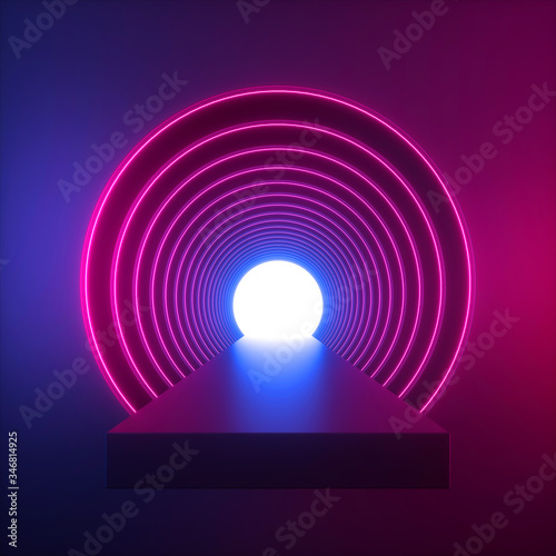 Fototapeta Naklejka Na Ścianę i Meble -  3d render, abstract geometric background, red blue neon light, long tunnel, round portal, modern minimal room, performance stage, empty corridor, blank showcase, fashion podium, floor reflection