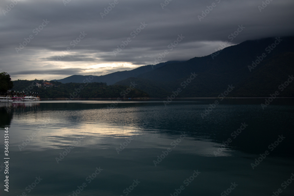 Beautiful Sun moon lake with mountain view and reflection of mountain on the water. Taiwan