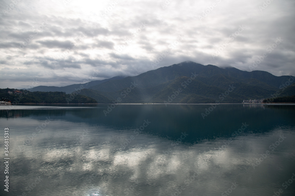 Beautiful Sun moon lake with mountain view and reflection of mountain on the water. Taiwan