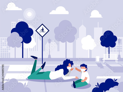 Mother and son with masks at street vector design
