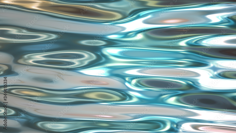 3d render, abstract liquid metallic texture, iridescent holographic foil, clear blue wavy background. Modern trendy design