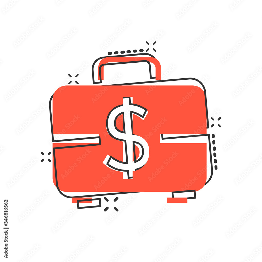 Money briefcase icon in comic style. Cash box cartoon vector illustration on white isolated background. Finance splash effect business concept. Money briefcase icon in comic style. Cash box cartoon vector illustration on white isolated background. Finance splash effect business concept.
