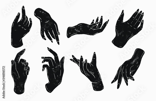 simple hand illustrations in stamp silhouette style. hand drawn vintage artwork logo icon. logo for nail salon, manicure,beautician. feminine elegant hands and fingers, magic spells , hand shapes