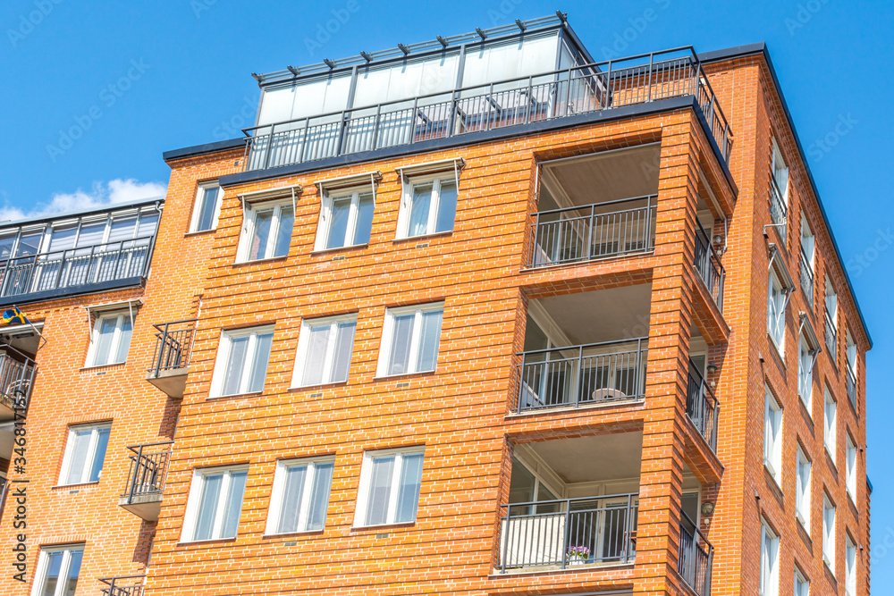 Modern Luxury Scandinavia Apartment Building wiith Blue Sky in Home Residential Area Modern Luxury Scandinavia Apartment Building wiith Blue Sky in Home Residential Area