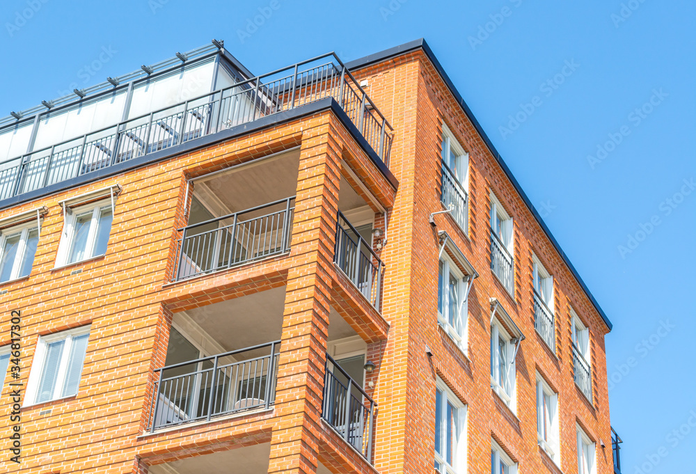 Modern Luxury Scandinavia Apartment Building wiith Blue Sky in Home Residential Area