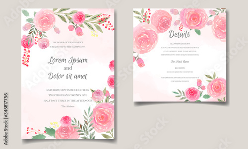 Wedding invitation card with floral and leaves watercolor