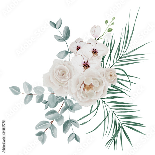 Creamy roses, orchids, eucalyptus and palm leaves bouquets