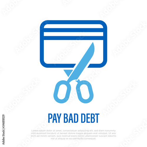 Pay bad debt. Scissors cuts credit card, overspending, economy, bankruptcy. Thin line icon. Vector illustration.