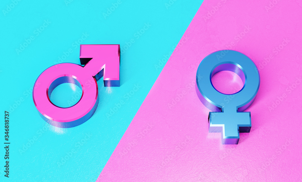 Male, female sex sign. Gender symbols illustration. Mars and Venus signs. 3D rendering. Blue and pink background. Male, female sex sign. Gender symbols illustration. Mars and Venus signs. 3D rendering. Blue and pink background.