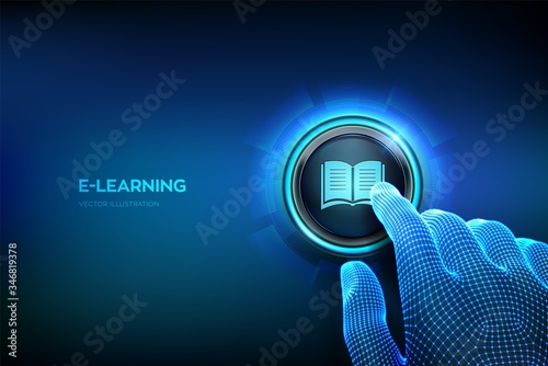 E-learning. Innovative online education and internet technology concept. Closeup finger about to press a button. Webinar, teaching, online training courses. Skill development. Vector illustration.