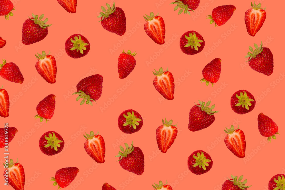 Composition with delicious ripe strawberries on pink background. Strawberries pattern isolated Composition with delicious ripe strawberries on pink background. Strawberries pattern isolated