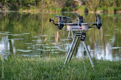 Fishing on the lake. Fishing geer and fishing rod photo