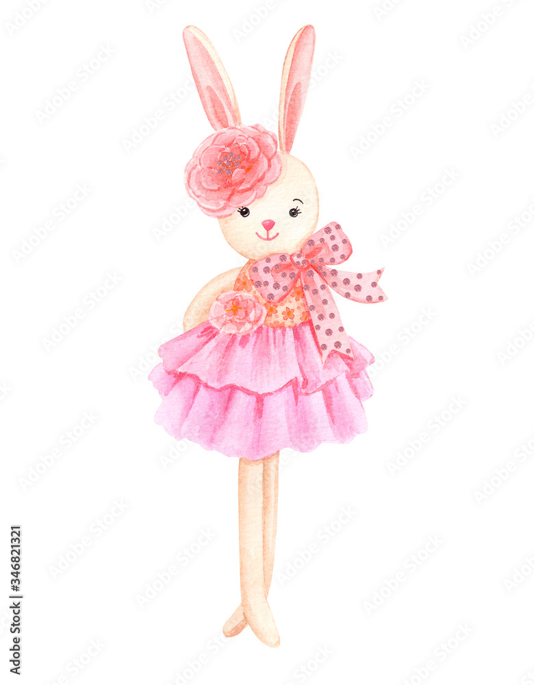 Obraz premium Watercolor illustration of a cute cartoon bunny in a dress. Cute bunny girl toy isolated on white background.