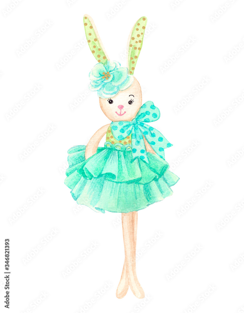 Watercolor illustration of a cute cartoon bunny in a dress. Cute bunny girl toy isolated on white background. Watercolor illustration of a cute cartoon bunny in a dress. Cute bunny girl toy isolated on white background.