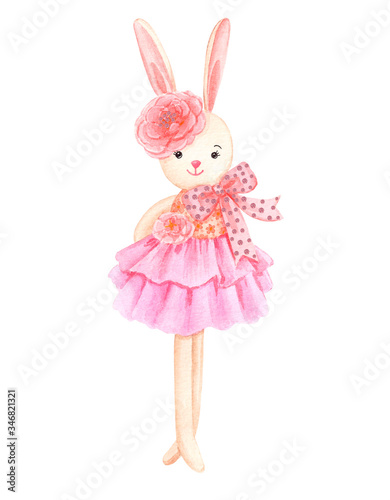 Watercolor illustration of a cute cartoon bunny in a dress. Cute bunny girl toy isolated on white background.