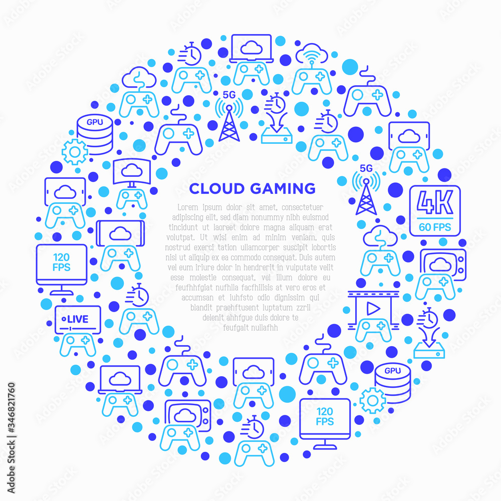 Cloud gaming concept in circle with thin line icons: play on laptop, 120 FPS, low-latency gameplay, gamepad, wi-fi, instant installation, live streaming, 5G technology. Vector illustration.
