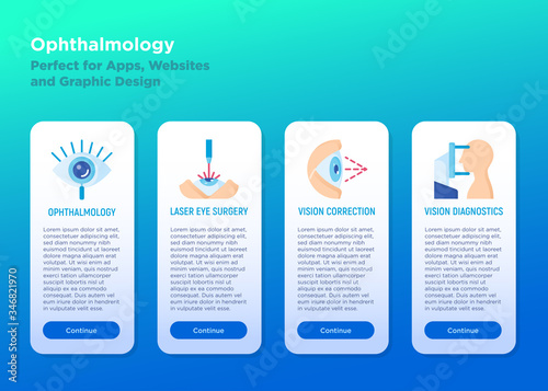 Ophthalmology mobile user interface with flat icons: laser eye surgery, eye test,  autorefractometer. Vector illustration, template with copy space.