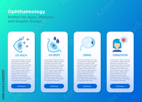Ophthalmology mobile user interface with flat icons: eye health, eye drops, cornea, medical consultation. Vector illustration, template with copy space.
