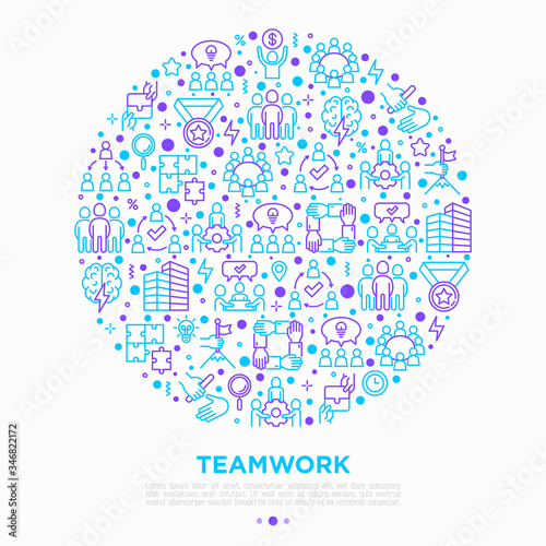 Teamwork concept in circle with thin line icons: relay race, brainstorm, success, meeting, idea share, collaboration, joint project, unity, support, delegation, bonus. Modern vector illustration.