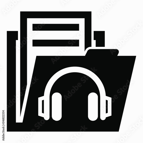 Folder and headphone icon. Music playlist. Archive of performers. Audio files. Vector icon.