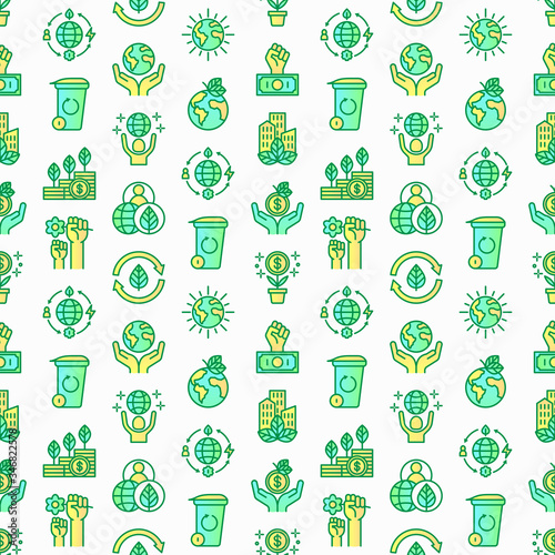 Green economy seamless pattern with thin line icons: financial growth, green city, zero waste, circular economy, anti-globalism, global consumption. Vector illustration for environmental issues. photo