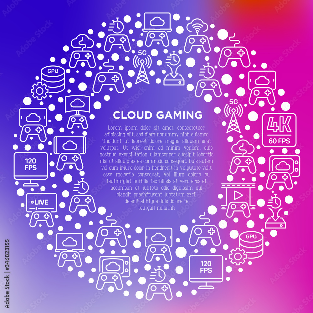 Cloud gaming concept in circle with thin line icons: play on laptop ...