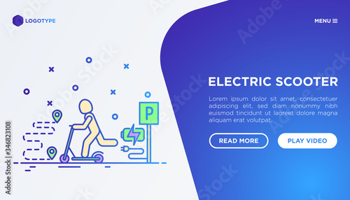 Man using electric scooter concept. Web page template with thin line icons: sharing service, parking, helmet, eco transport, pointer. Modern vector illustration.